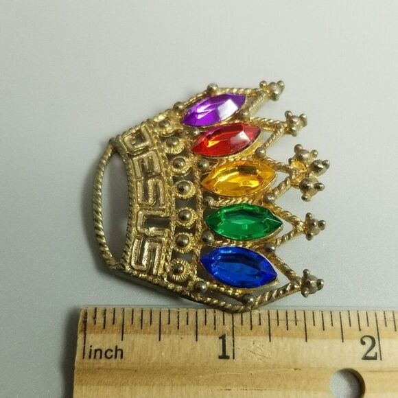 Vintage Jesus Rainbow Rhinestone Crown Brooch, Gold Tone Setting, Estate - Picture 4 of 6